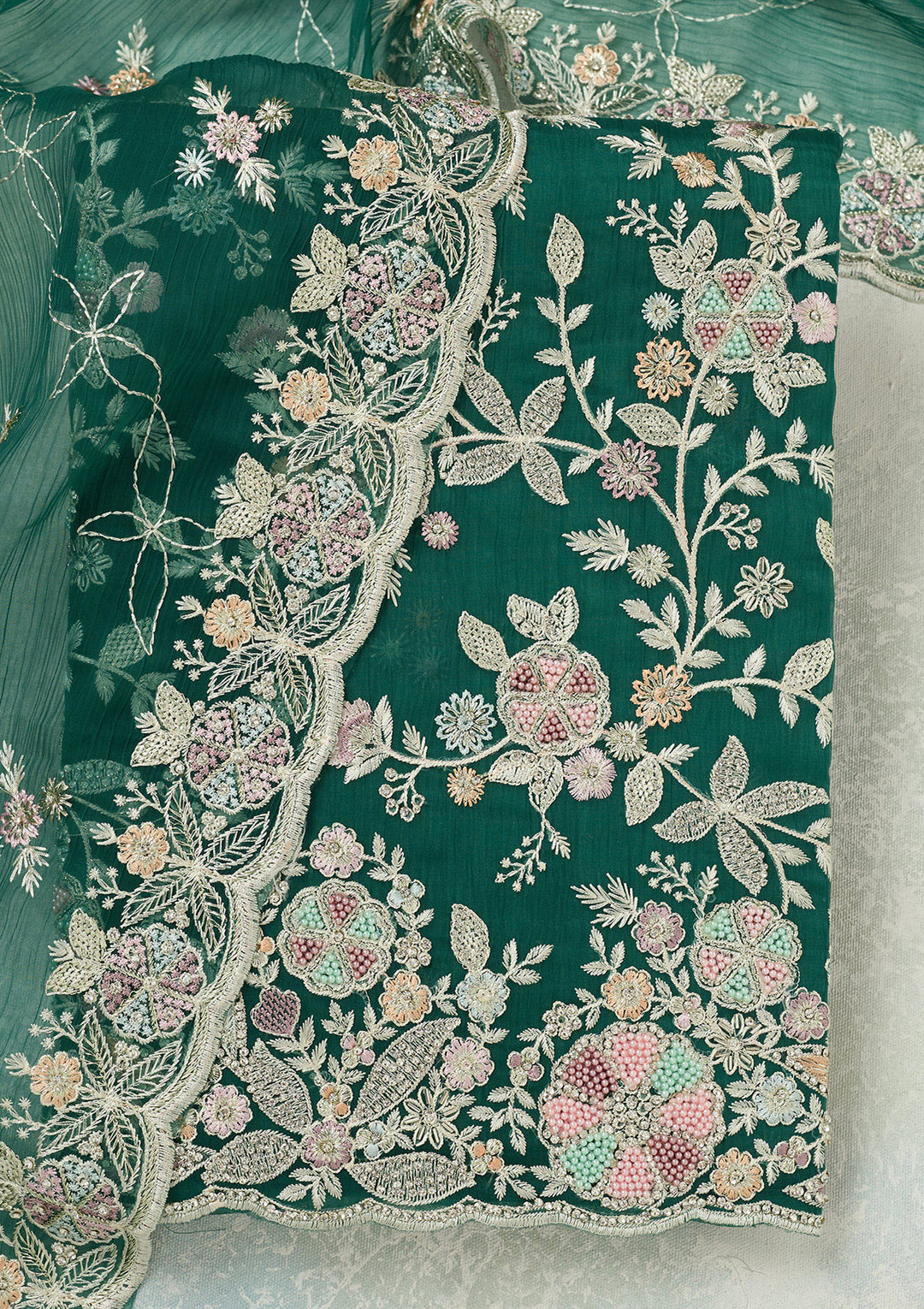 Leaf Green Stonework Semi Crepe Unstitched Salwar Suit
