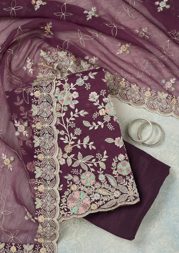Purple Stonework Semi Crepe Unstitched Salwar Suit