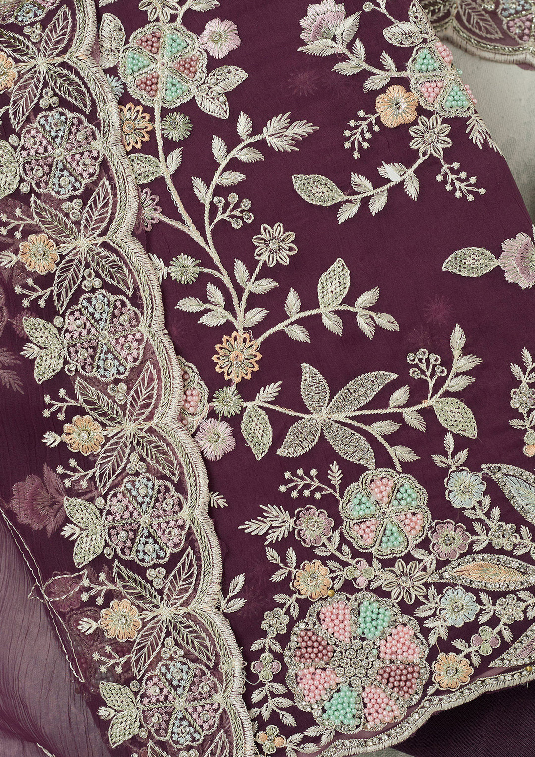 Purple Stonework Semi Crepe Unstitched Salwar Suit