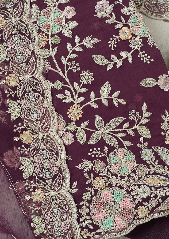 Purple Stonework Semi Crepe Unstitched Salwar Suit