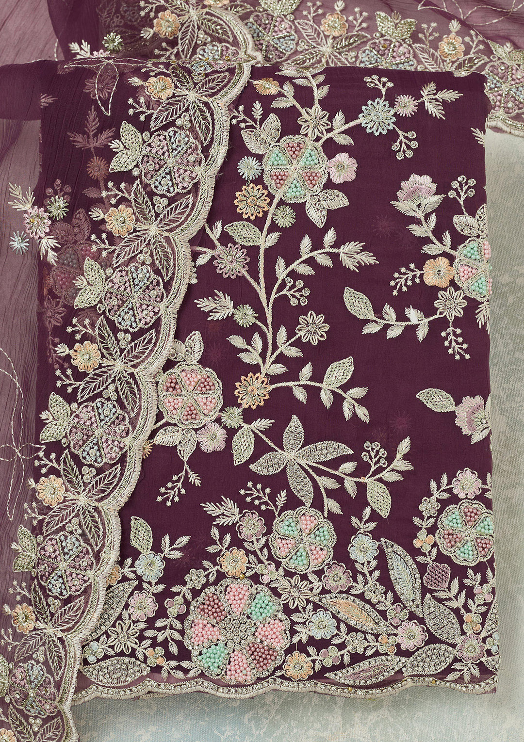 Purple Stonework Semi Crepe Unstitched Salwar Suit