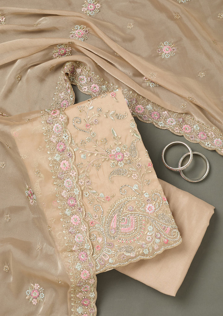 Beige Bling Semi Crepe Unstitched Salwar Suit