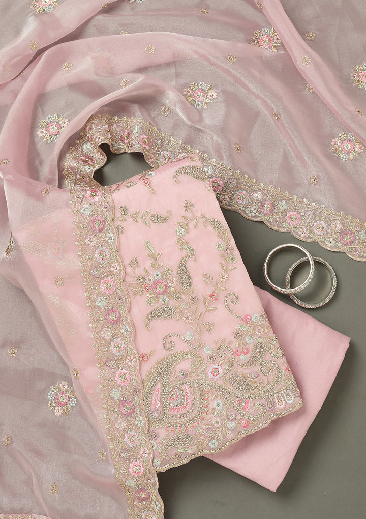 Pink Stonework Semi Crepe Unstitched Salwar Suit