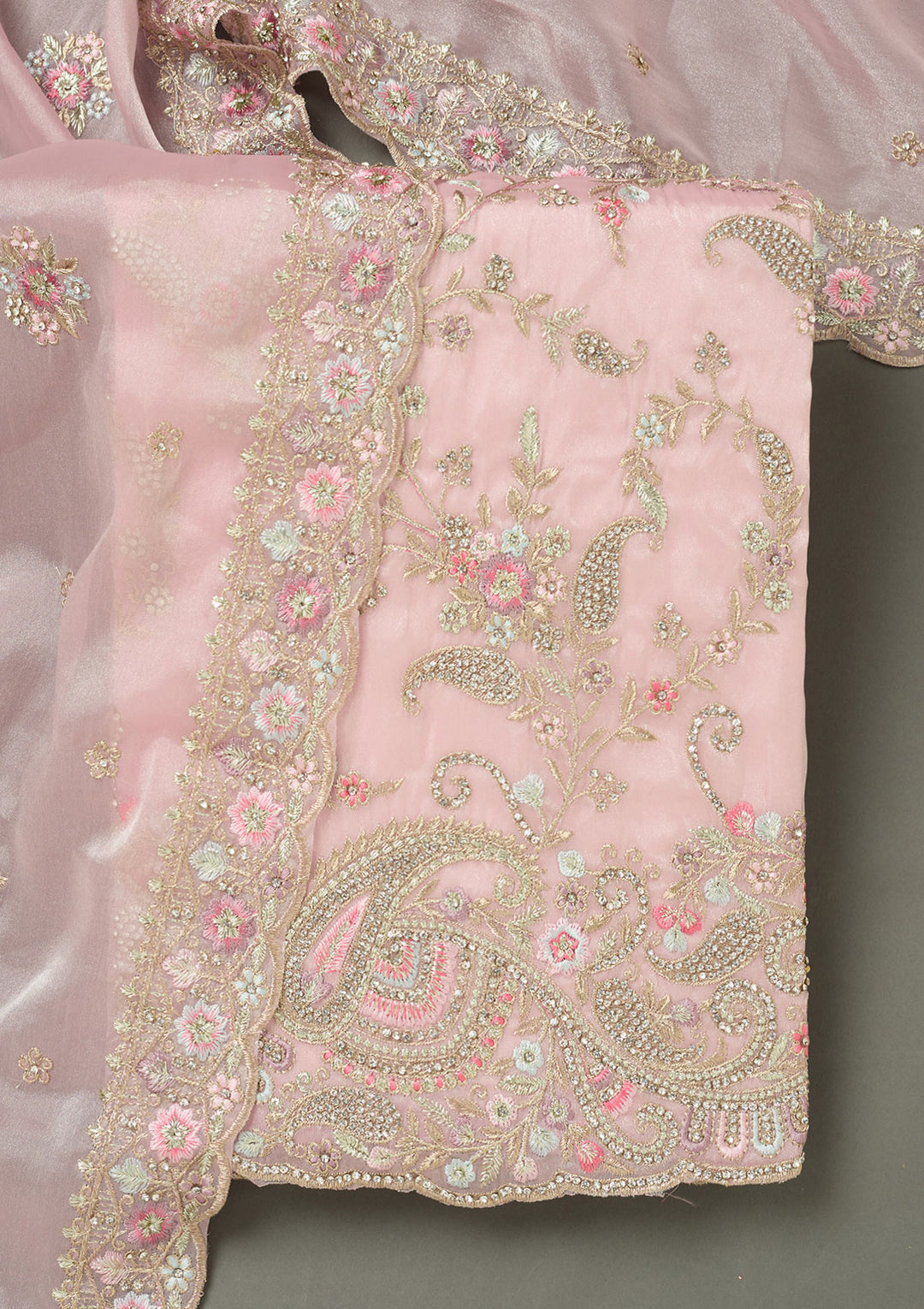 Pink Stonework Semi Crepe Unstitched Salwar Suit