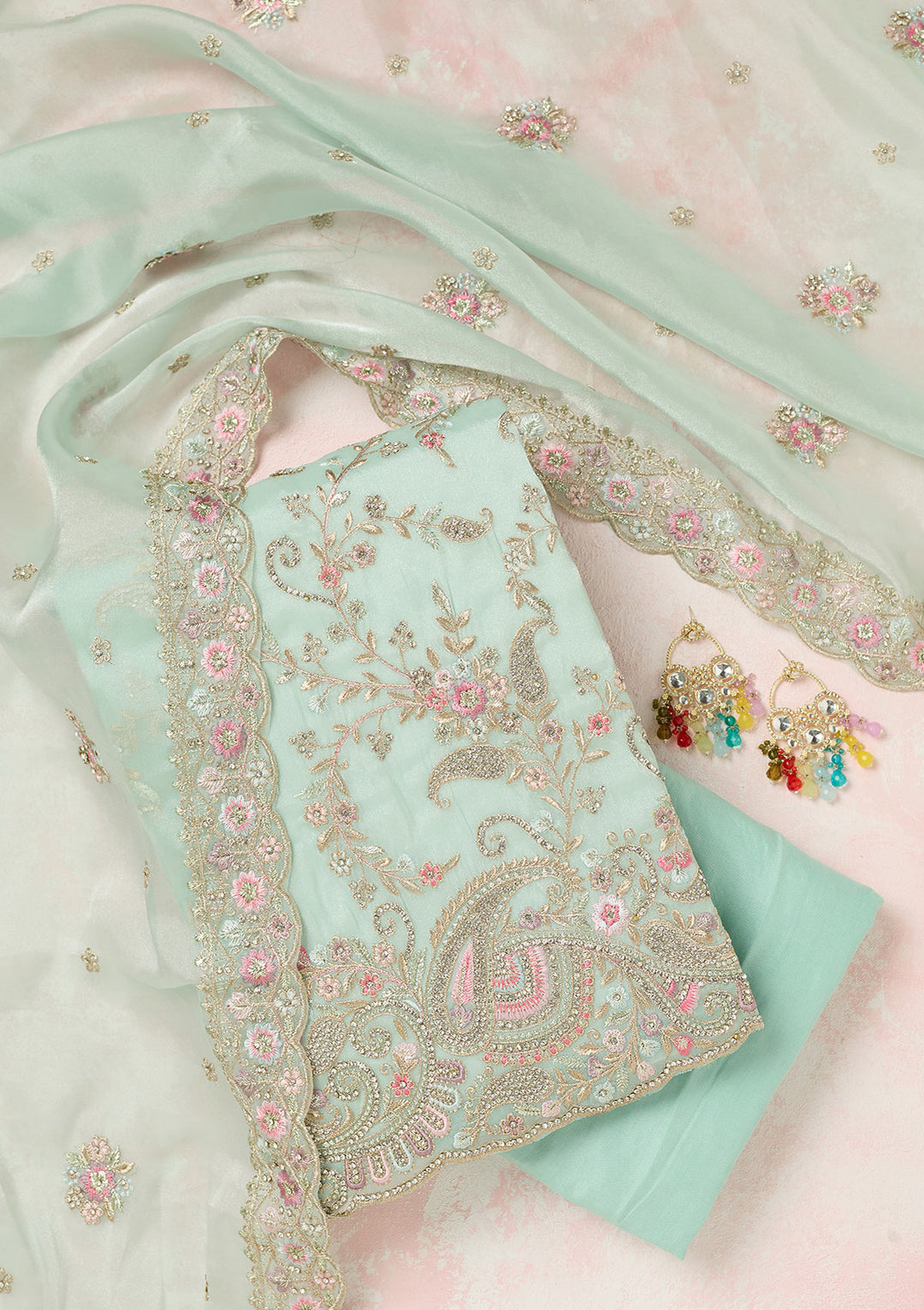 Sea Green Bling Semi Crepe Unstitched Salwar Suit
