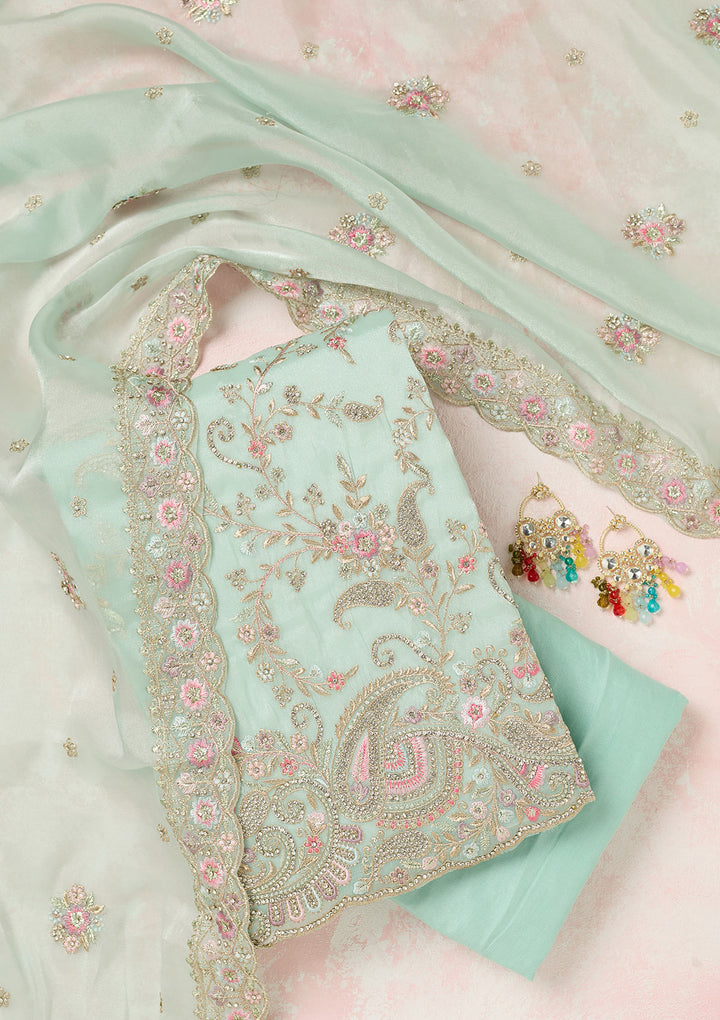 Sea Green Stonework Semi Crepe Unstitched Salwar Suit