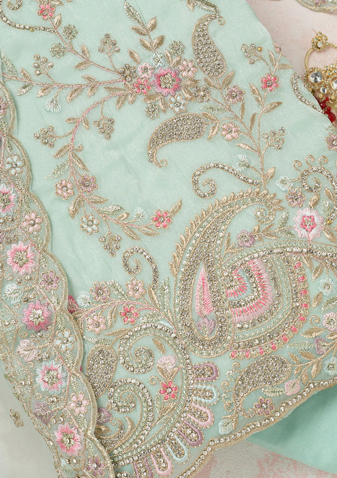 Sea Green Stonework Semi Crepe Unstitched Salwar Suit