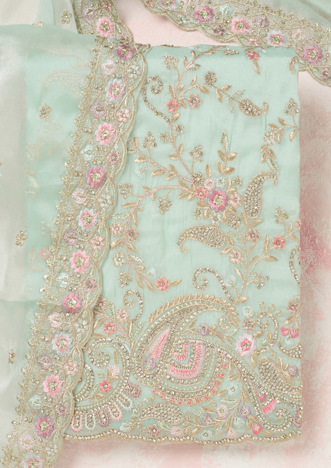 Sea Green Stonework Semi Crepe Unstitched Salwar Suit