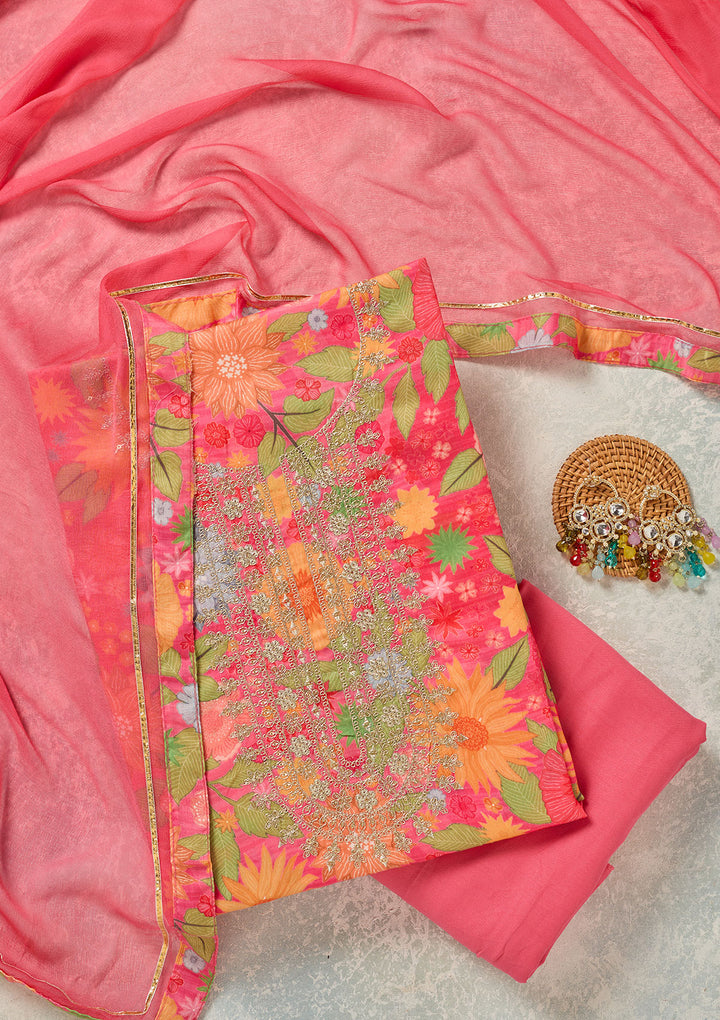 Pink Zariwork (Gold) Cotton Unstitched Salwar Suit