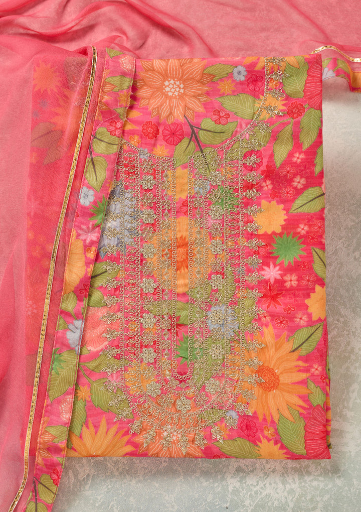 Pink Zariwork (Gold) Cotton Unstitched Salwar Suit