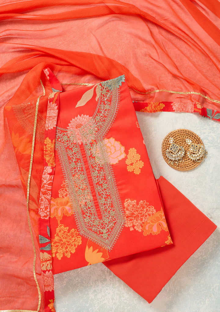 Orange Threadwork Cotton Unstitched Salwar Suit