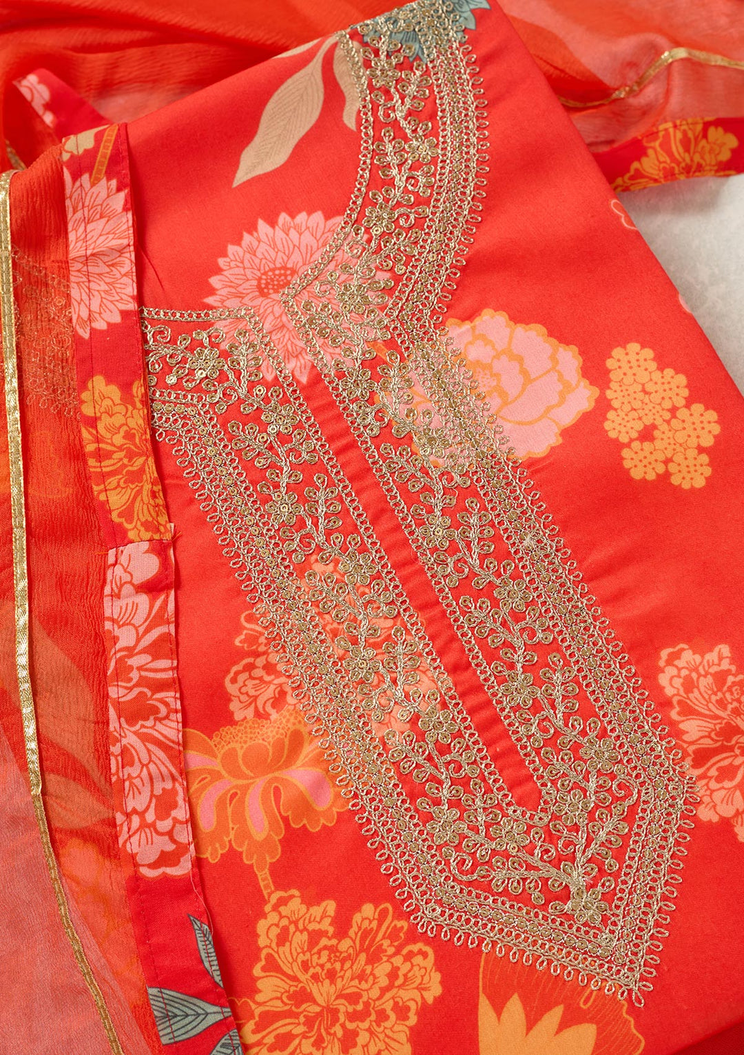 Orange Threadwork Cotton Unstitched Salwar Suit