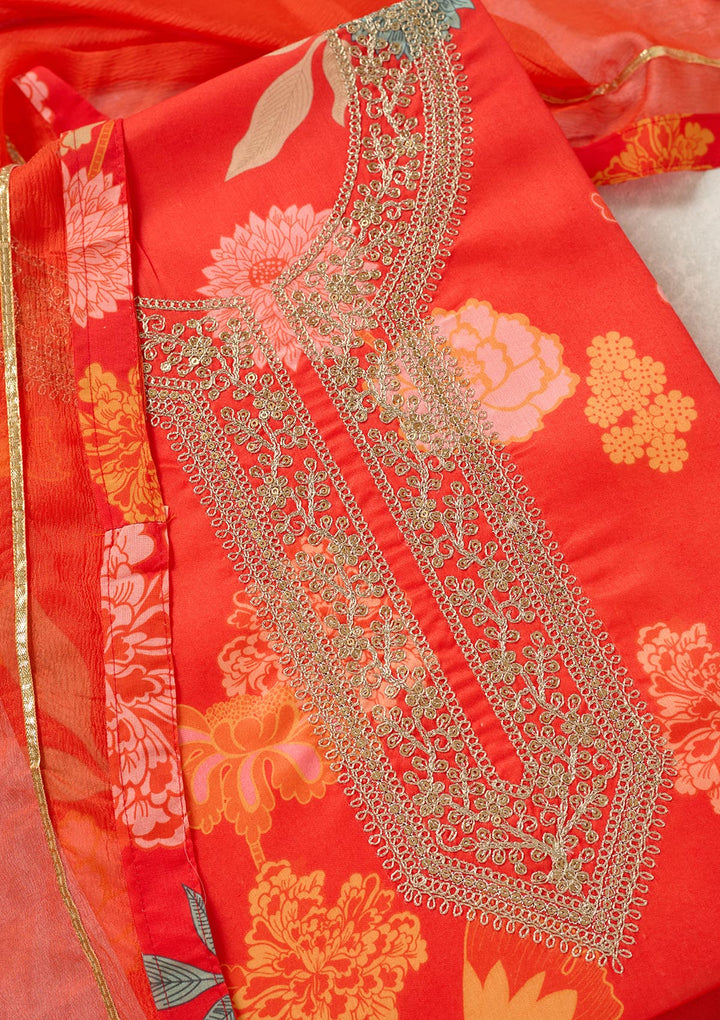 Orange Threadwork Cotton Unstitched Salwar Suit