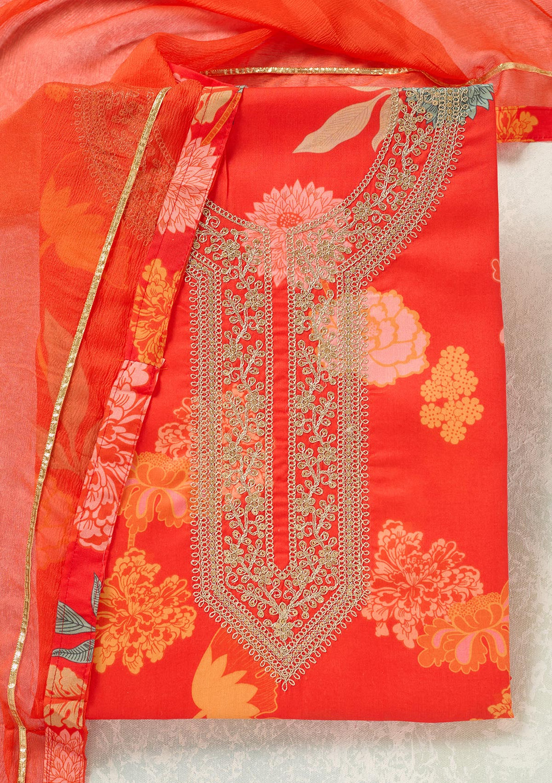 Orange Threadwork Cotton Unstitched Salwar Suit