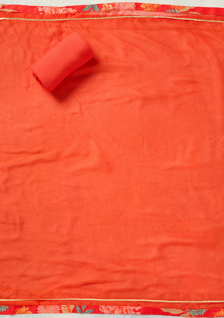 Orange Threadwork Cotton Unstitched Salwar Suit