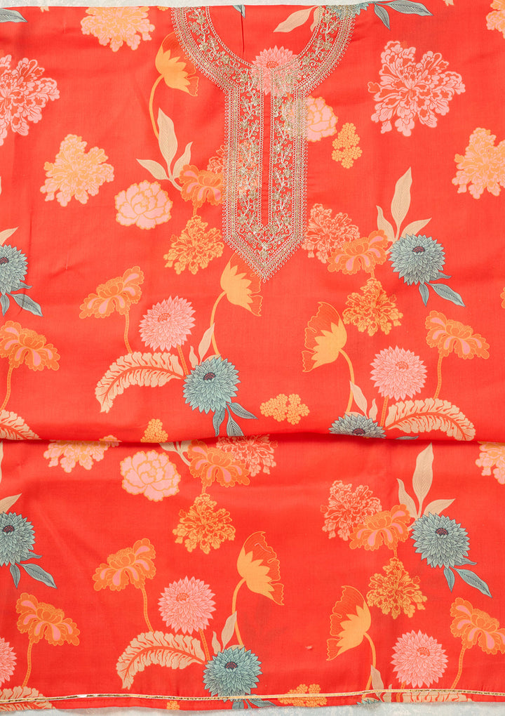Orange Threadwork Cotton Unstitched Salwar Suit