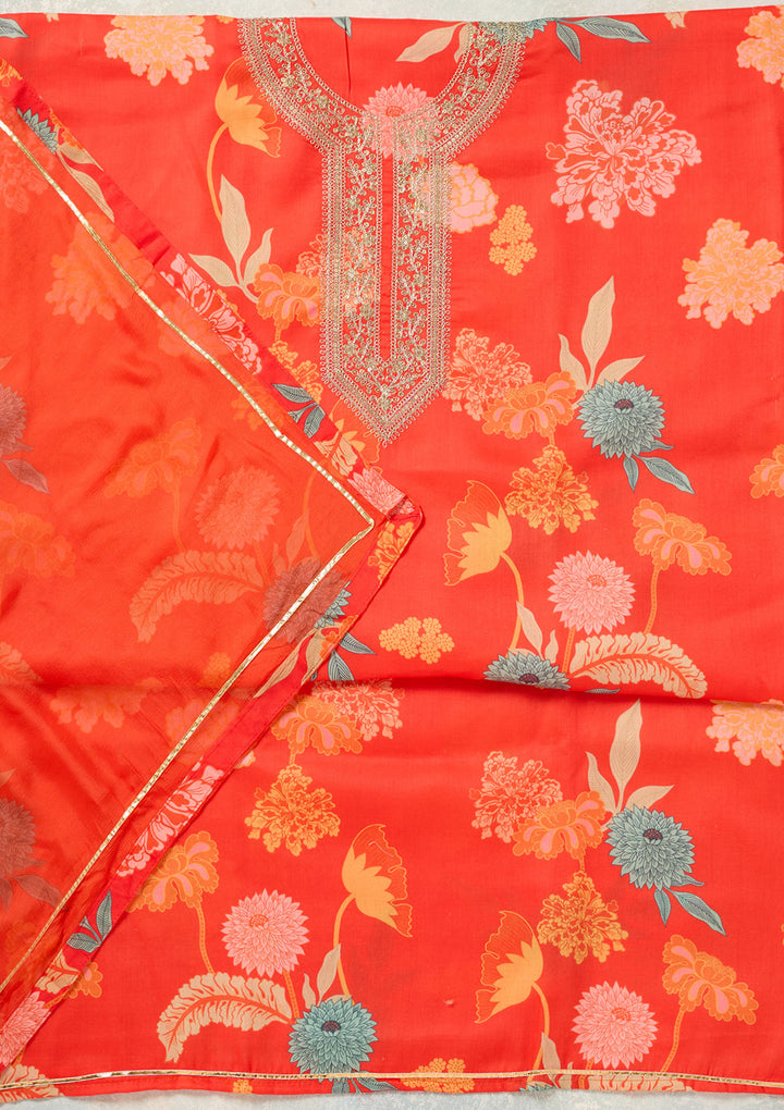 Orange Threadwork Cotton Unstitched Salwar Suit