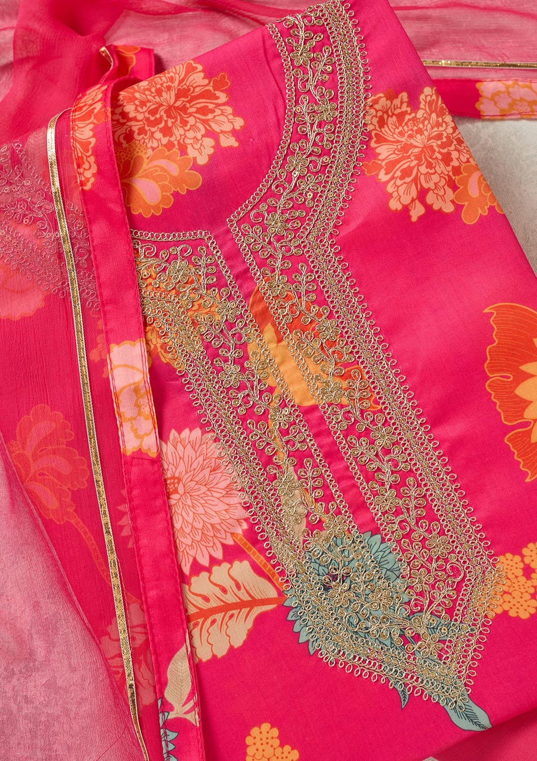 Pink Zariwork (Gold) Cotton Unstitched Salwar Suit