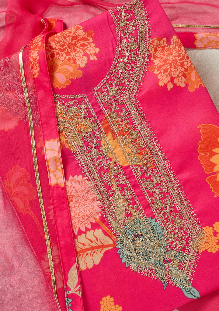 Pink Zariwork (Gold) Cotton Unstitched Salwar Suit