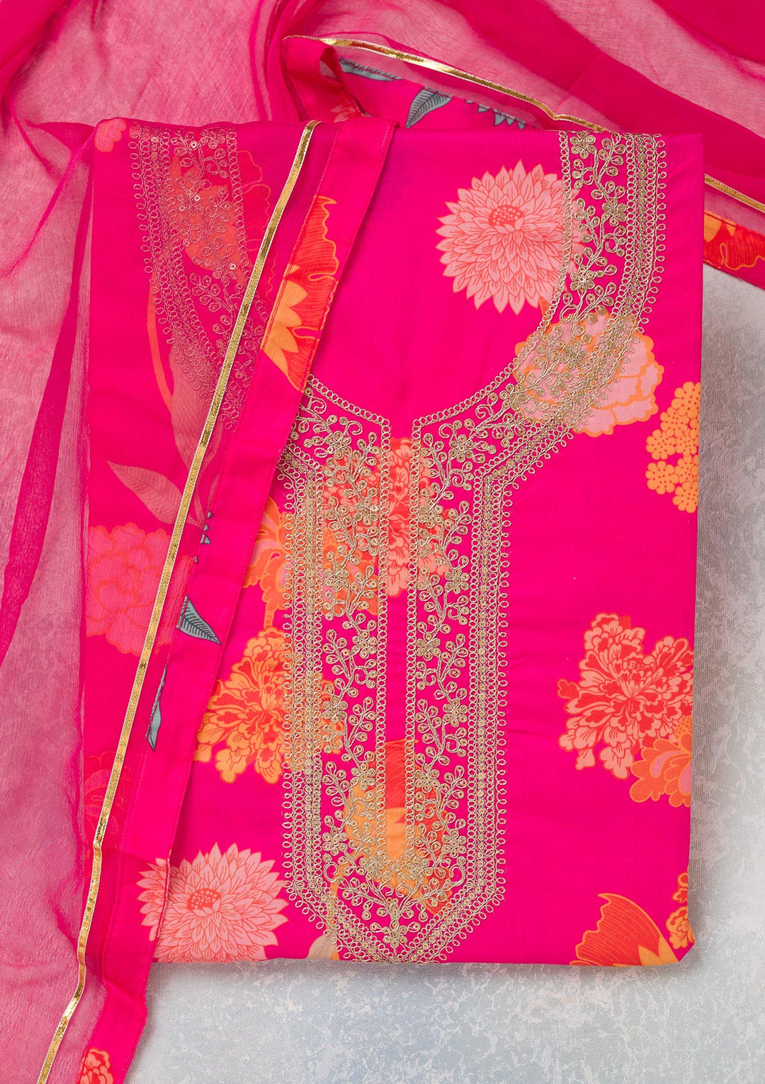 Pink Zariwork (Gold) Cotton Unstitched Salwar Suit