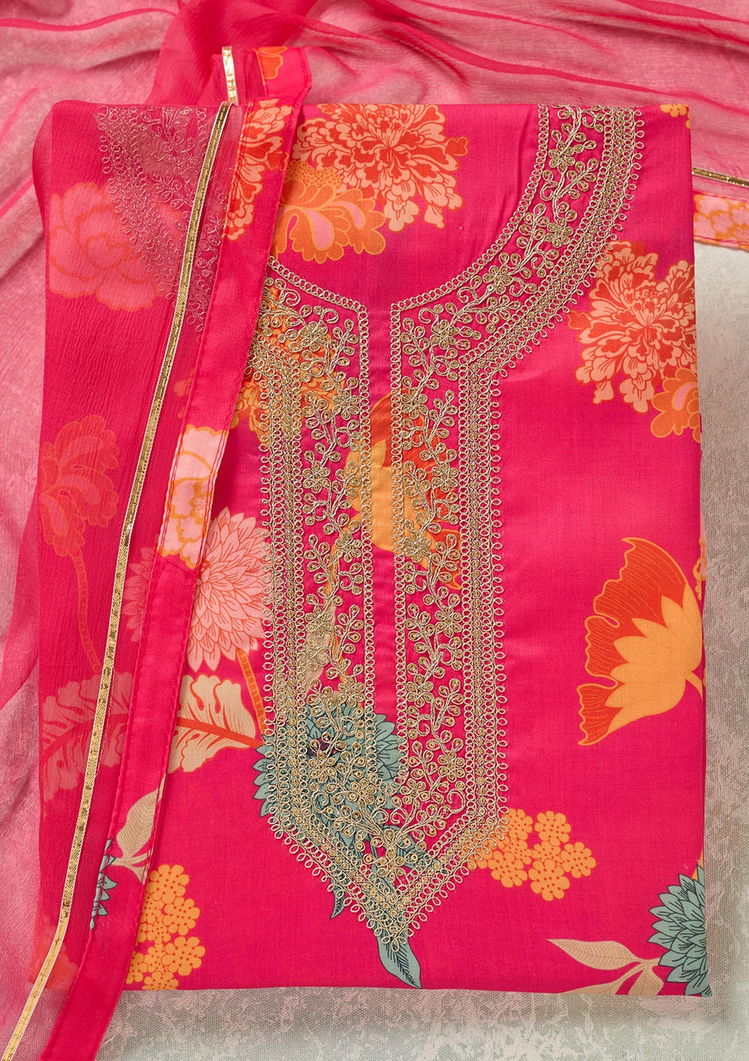 Pink Zariwork (Gold) Cotton Unstitched Salwar Suit