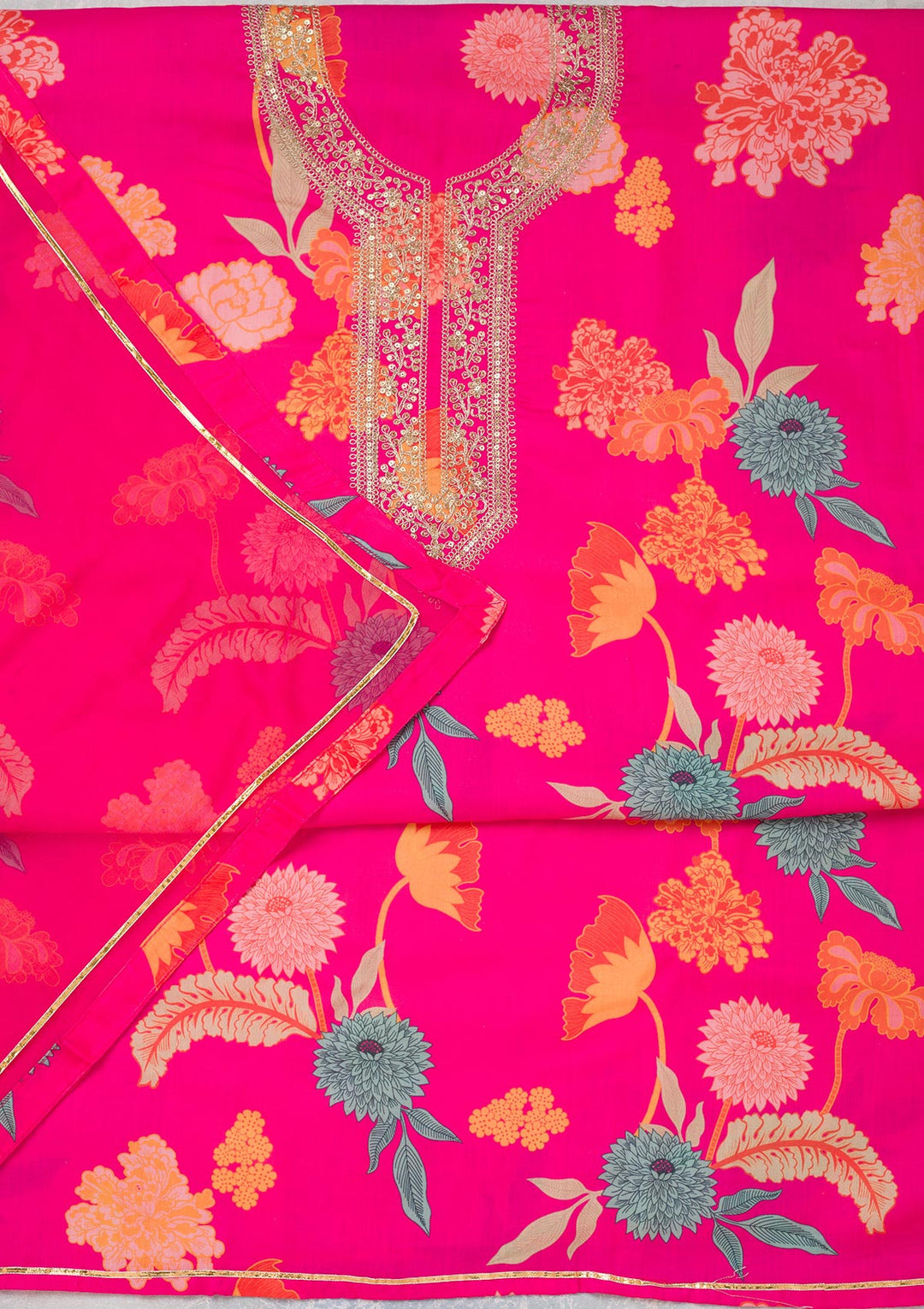 Pink Zariwork (Gold) Cotton Unstitched Salwar Suit