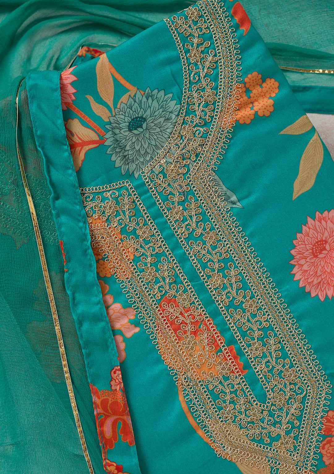 Rama Green Zariwork (Gold) Cotton Unstitched Salwar Suit