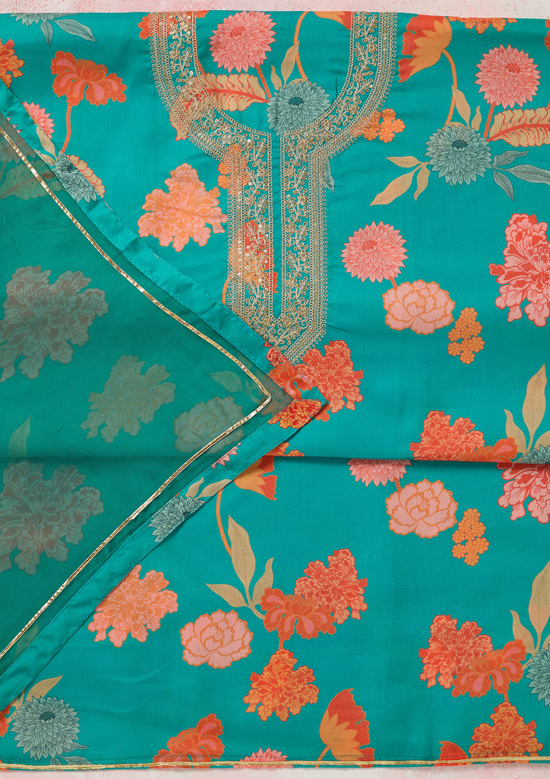 Rama Green Zariwork (Gold) Cotton Unstitched Salwar Suit