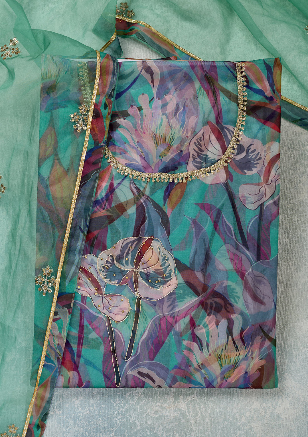 Multi Zariwork (Gold) Organza Unstitched Salwar Suit