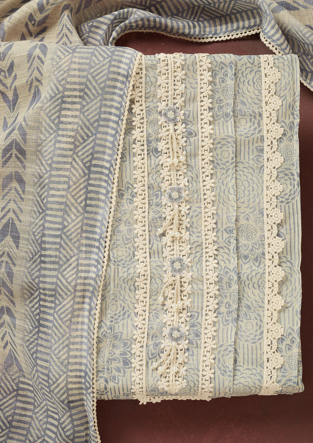 Light Grey Threadwork Cotton Unstitched Salwar Suit