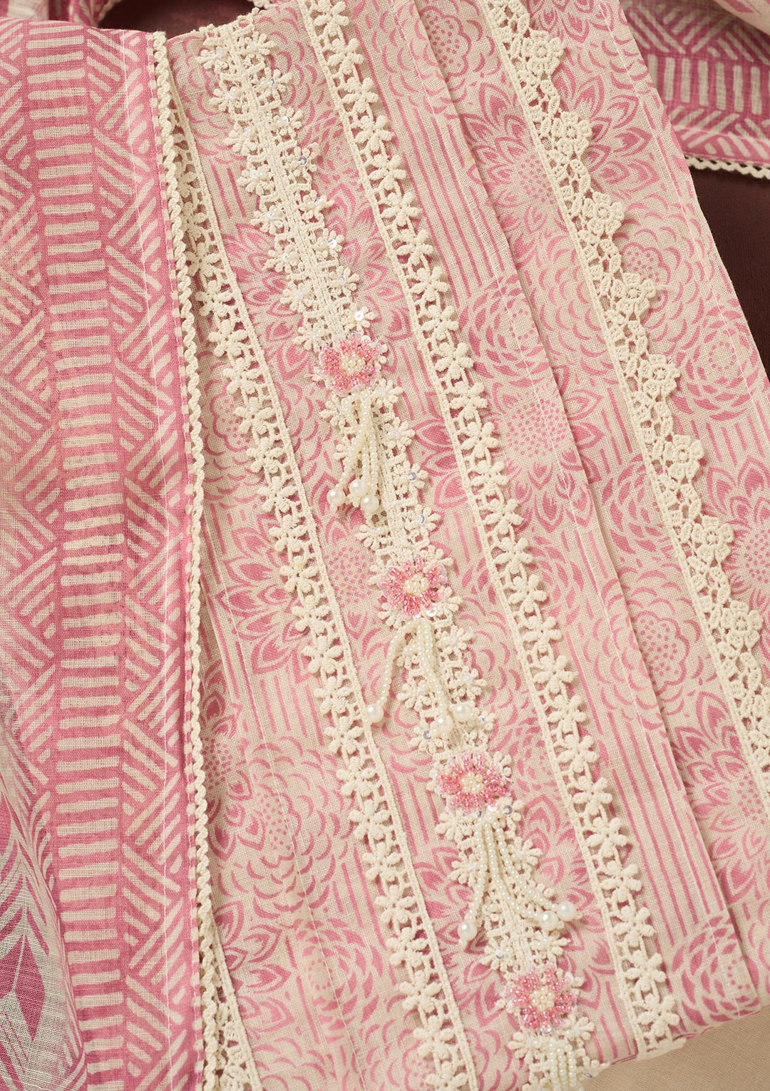 Onion Pink Zariwork Cotton Unstitched Salwar Suit