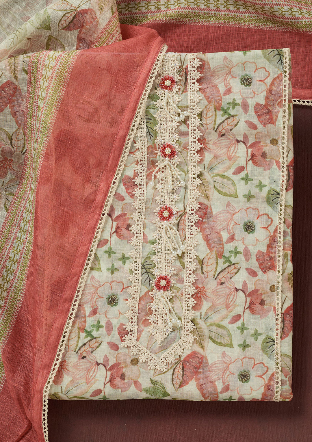 Rust Zariwork (Gold) Cotton Unstitched Salwar Suit