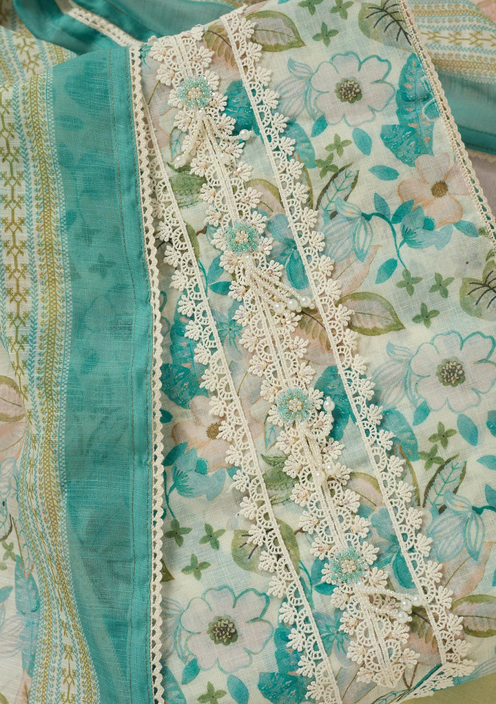 Sea Green Threadwork Linen Unstitched Salwar Suit