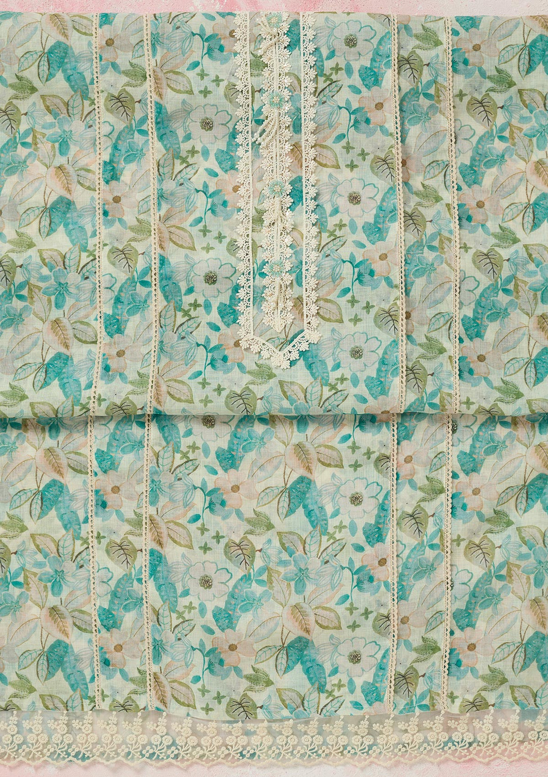 Sea Green Threadwork Linen Unstitched Salwar Suit