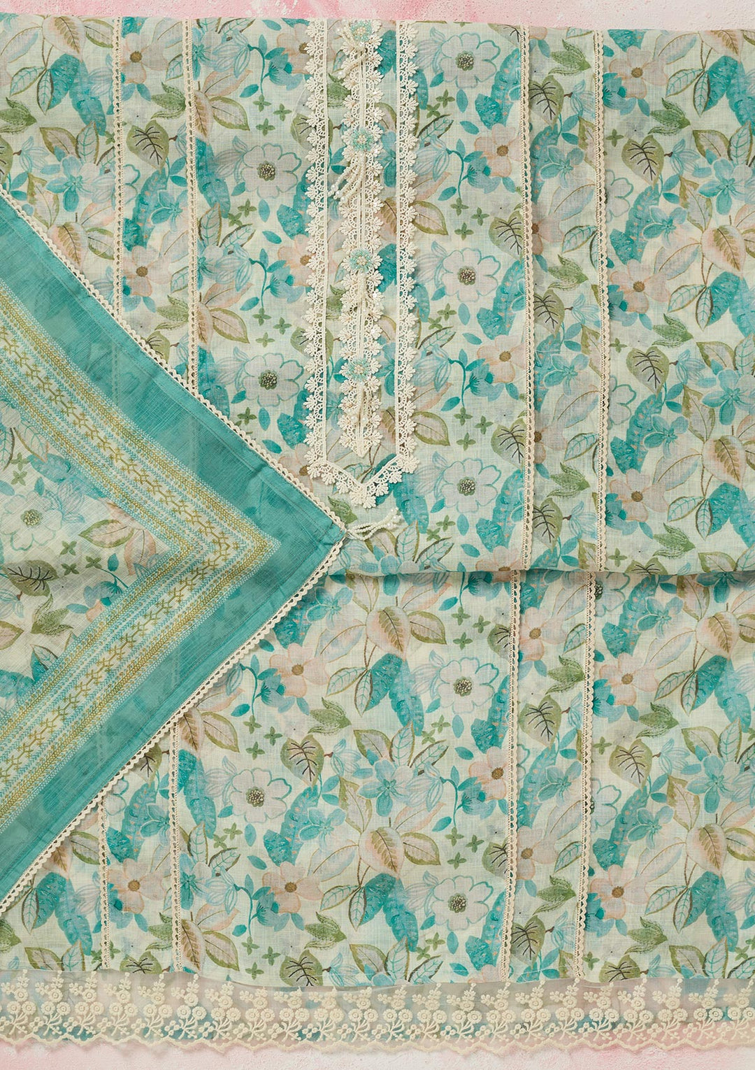 Sea Green Threadwork Linen Unstitched Salwar Suit