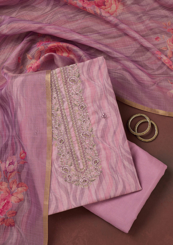 Lavender Threadwork Linen Unstitched Salwar Suit