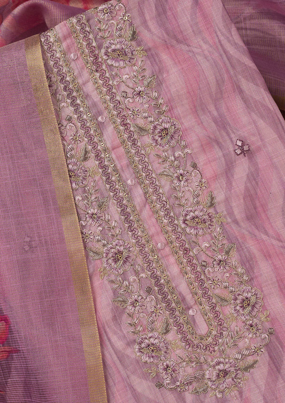 Lavender Threadwork Linen Unstitched Salwar Suit
