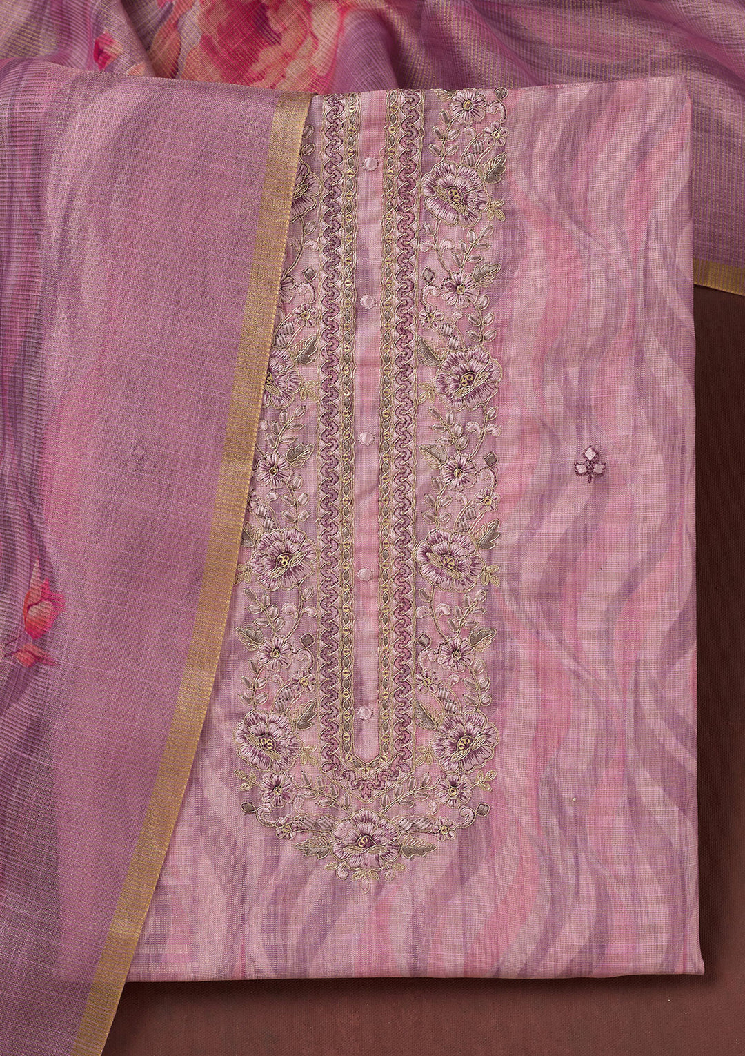 Lavender Threadwork Linen Unstitched Salwar Suit
