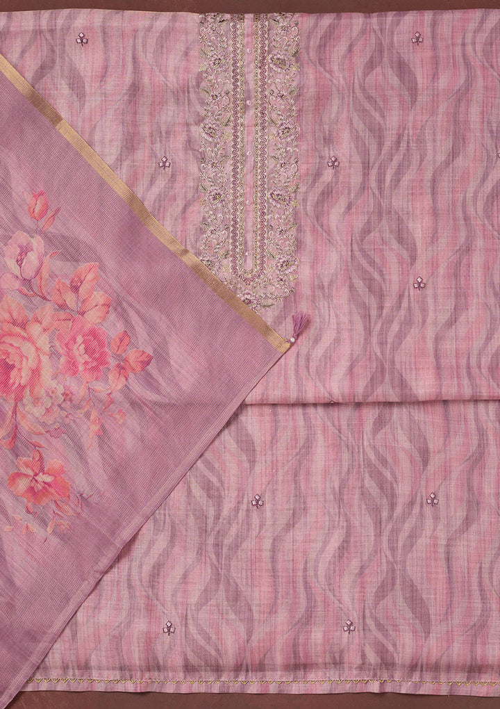 Lavender Threadwork Linen Unstitched Salwar Suit