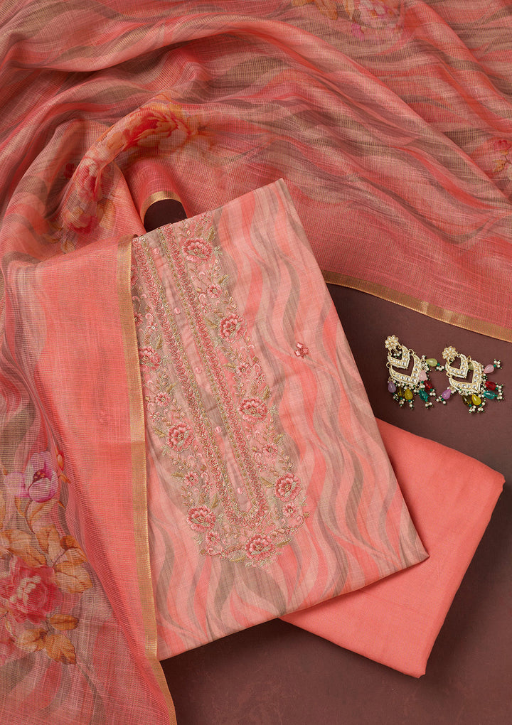 Peach Threadwork Linen Unstitched Salwar Suit