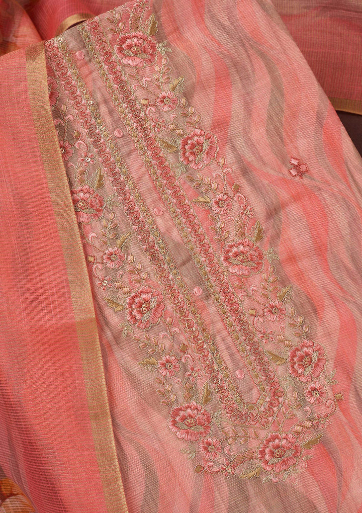 Peach Threadwork Linen Unstitched Salwar Suit