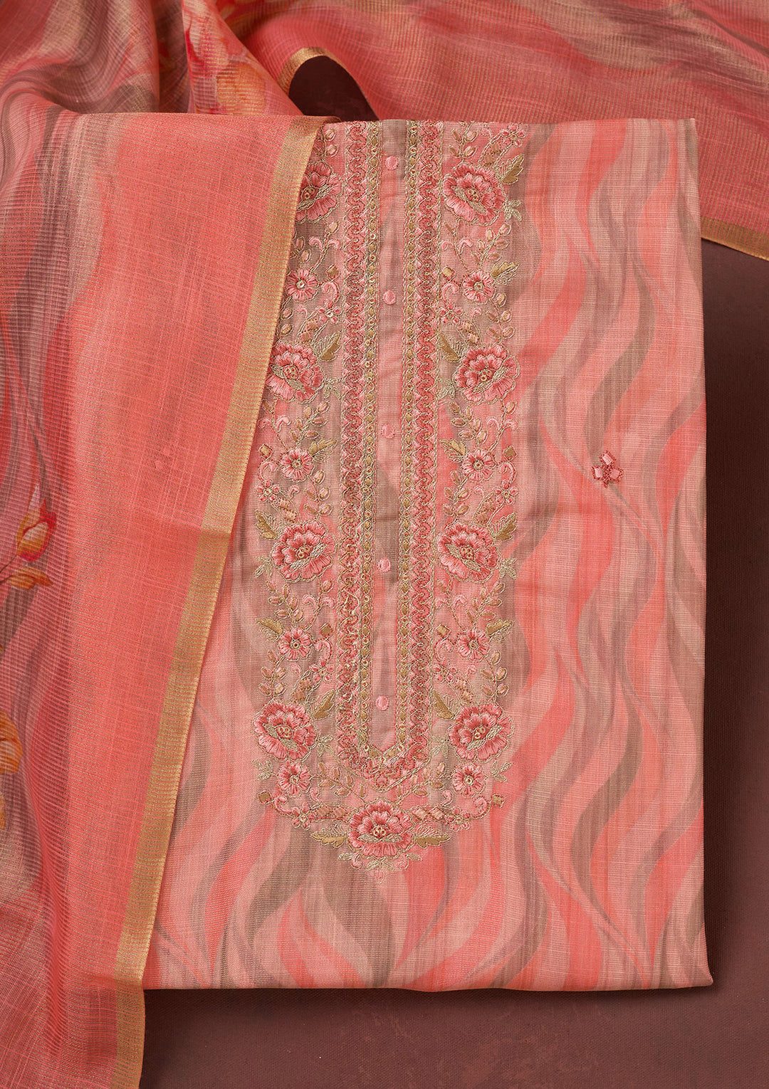 Peach Threadwork Linen Unstitched Salwar Suit