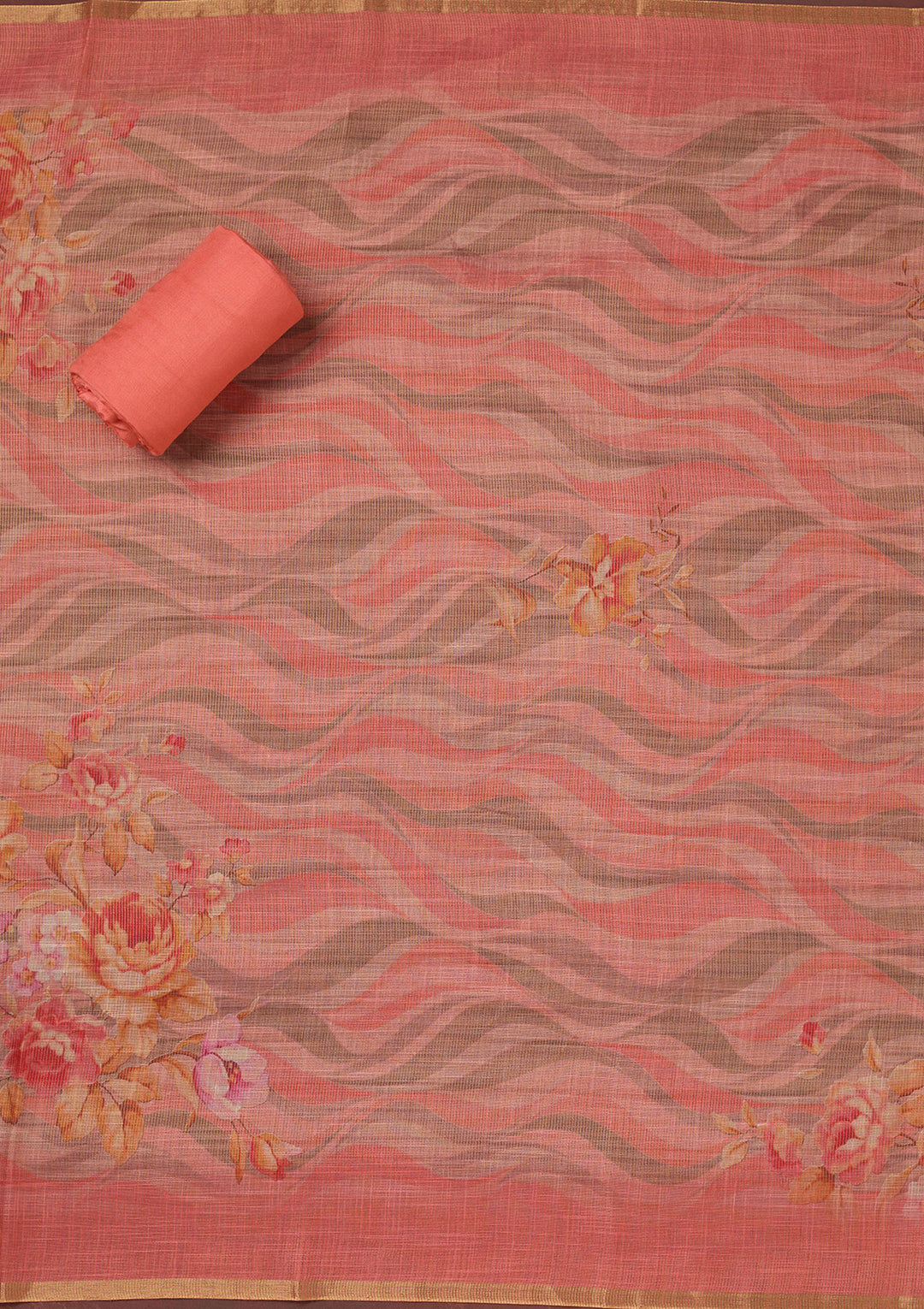 Peach Threadwork Linen Unstitched Salwar Suit
