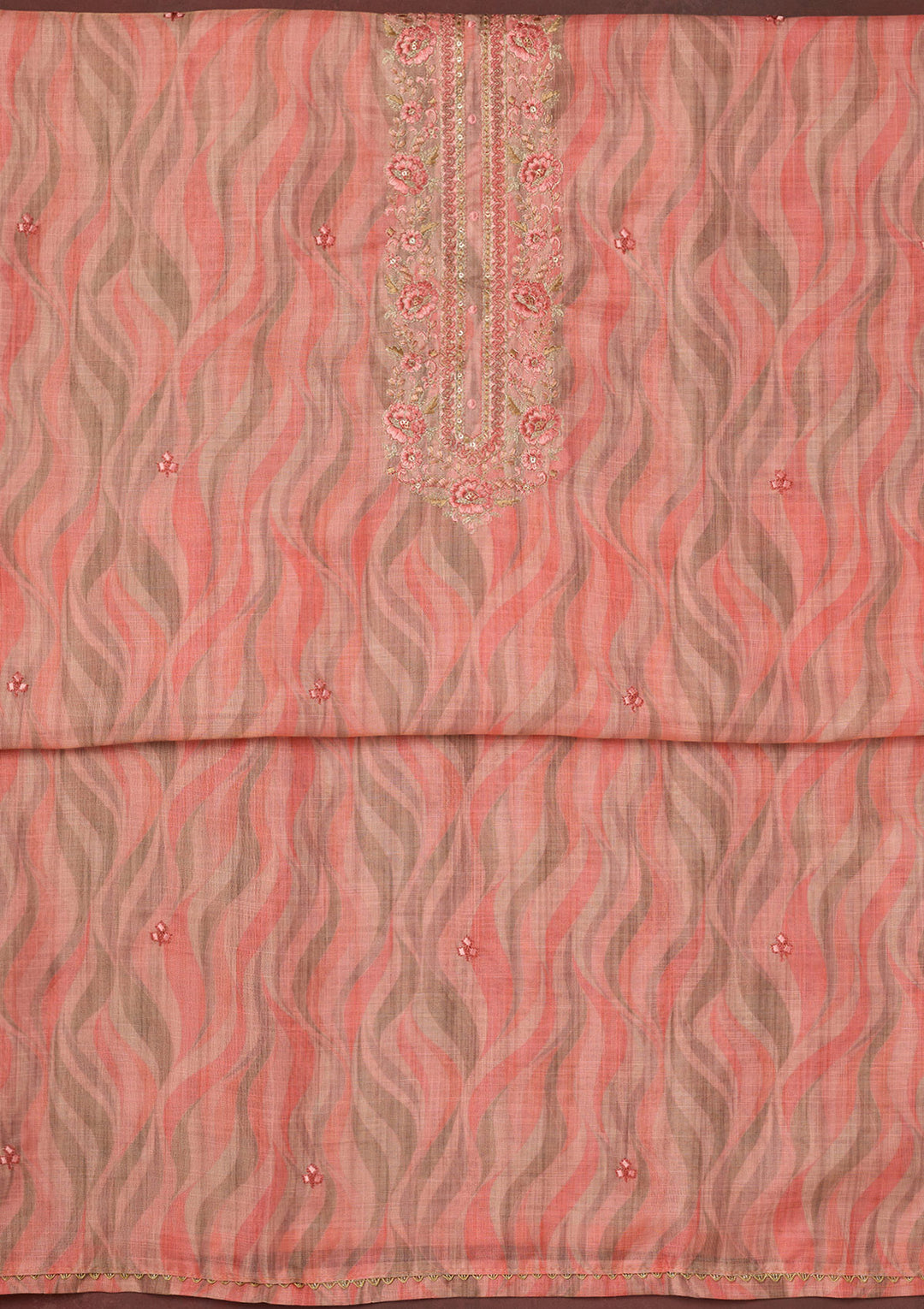 Peach Threadwork Linen Unstitched Salwar Suit