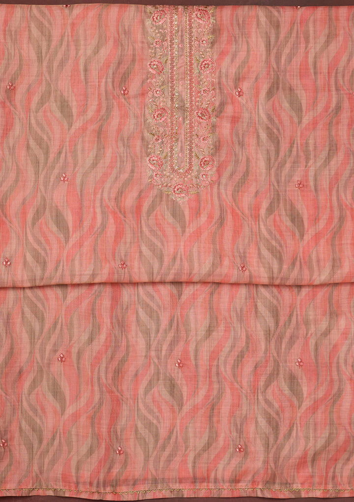 Peach Threadwork Linen Unstitched Salwar Suit