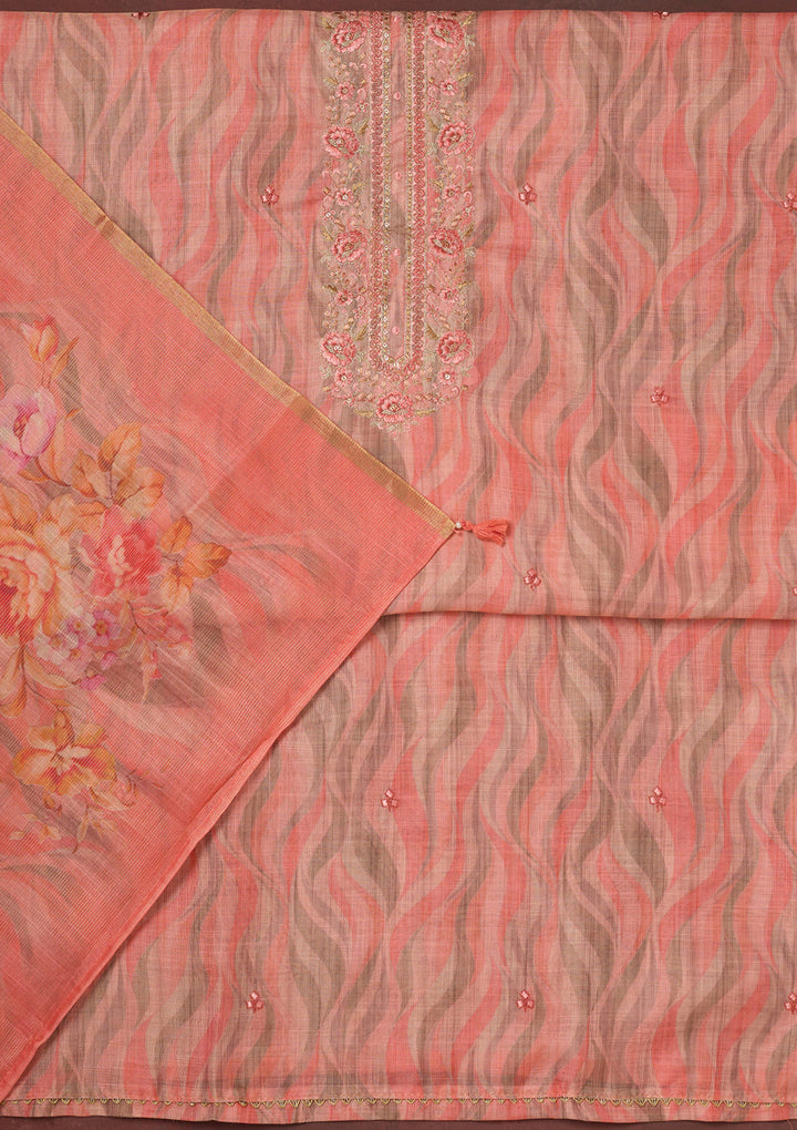 Peach Threadwork Linen Unstitched Salwar Suit