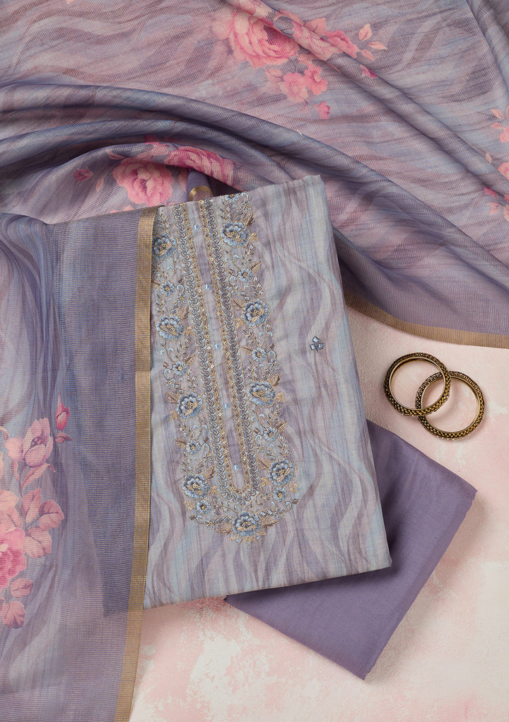 Purple Threadwork Linen Unstitched Salwar Suit