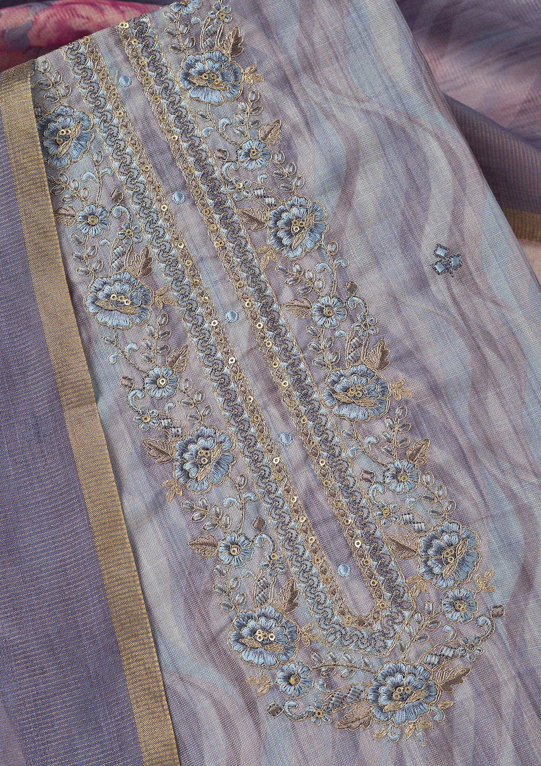 Purple Threadwork Linen Unstitched Salwar Suit
