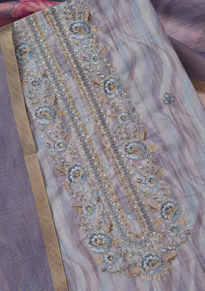 Purple Threadwork Linen Unstitched Salwar Suit