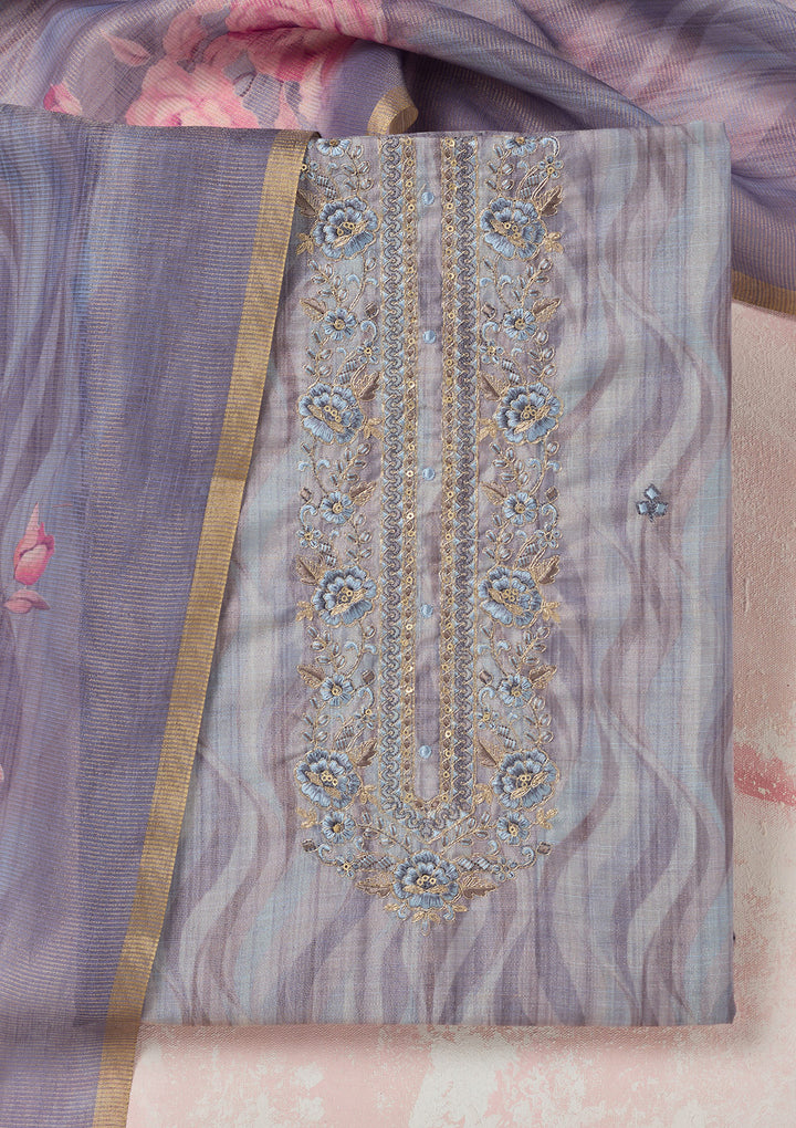 Purple Threadwork Linen Unstitched Salwar Suit